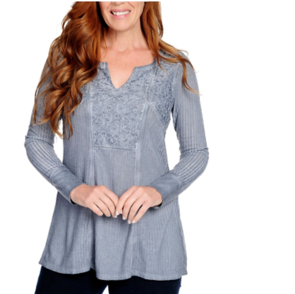 One World Waffle Knit & Lace Oil Washed Long Sleeve Notch Neck Top, Blue PL